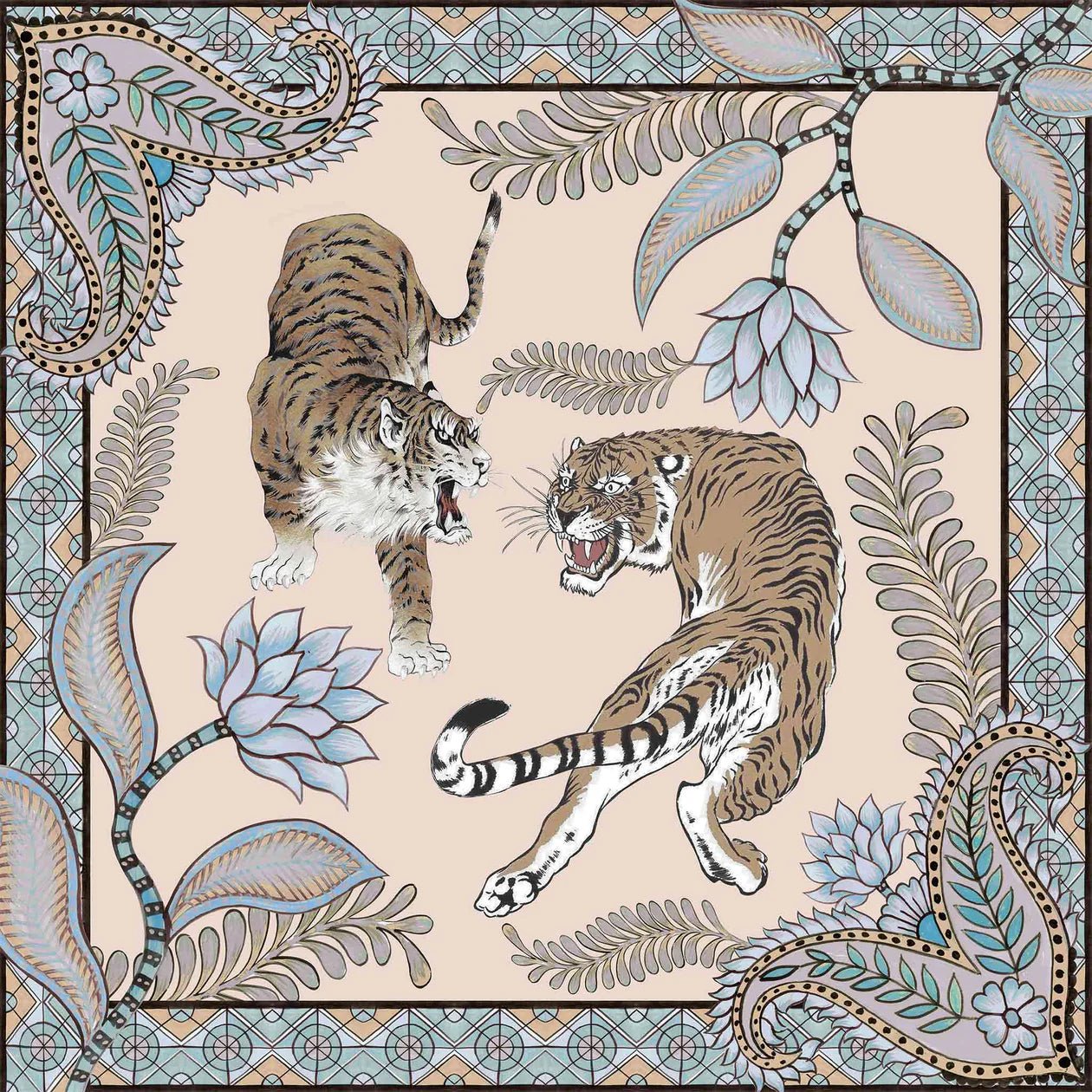 Cream Blue Silk Tiger & Jungle Kaftan by Simone Bruns - Peggell Mallorca SL