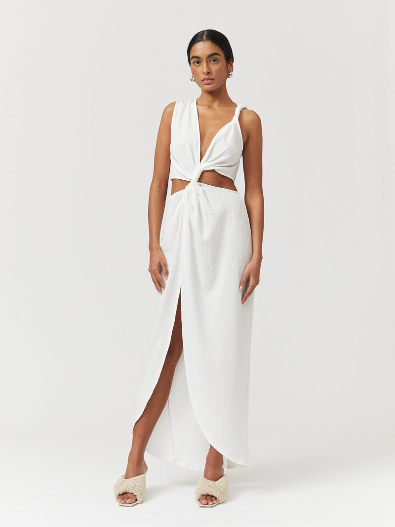 Jacqui Sleeveless Cross Over Midi Dress - White - Peggell