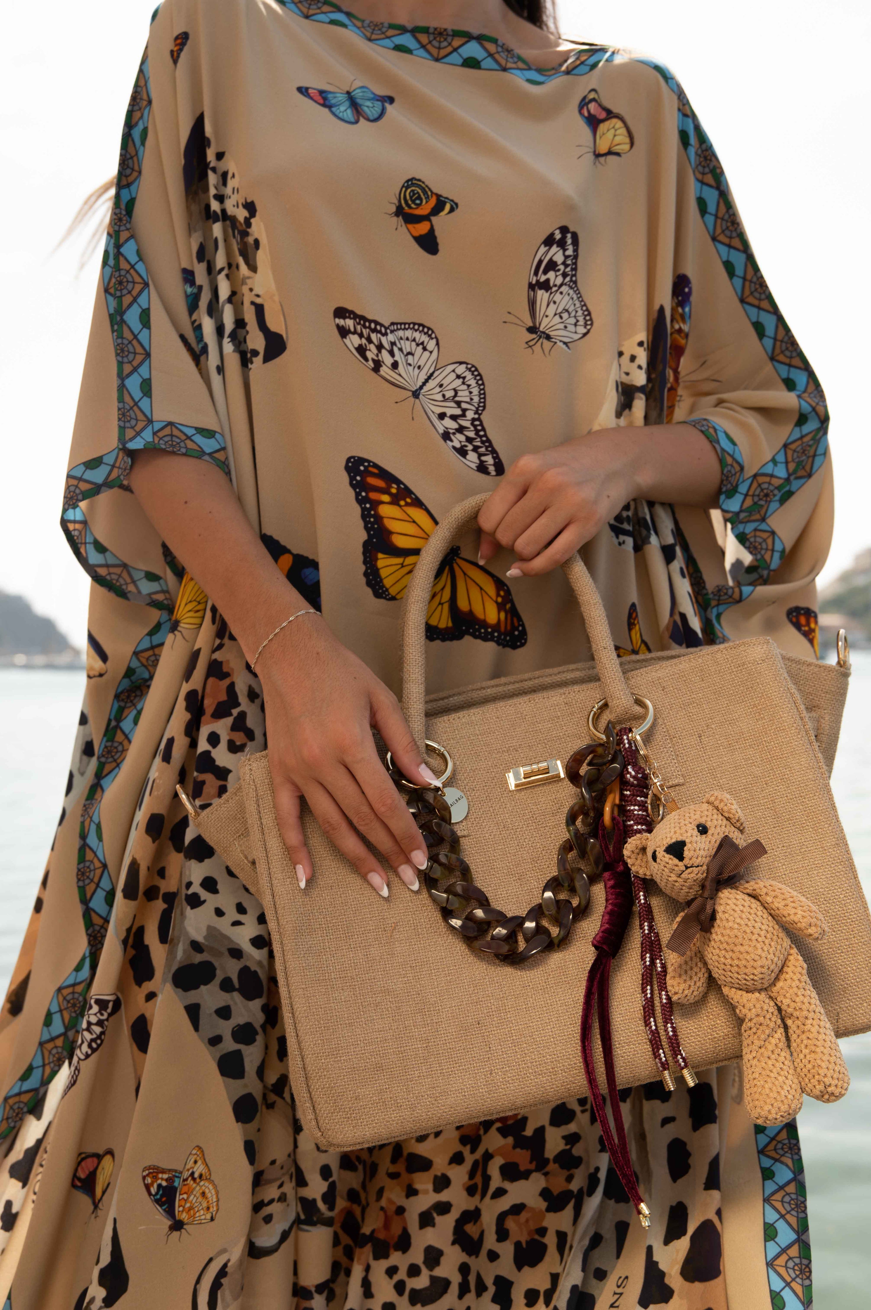 Jute Bag by Peggell with teddy bear chain charm