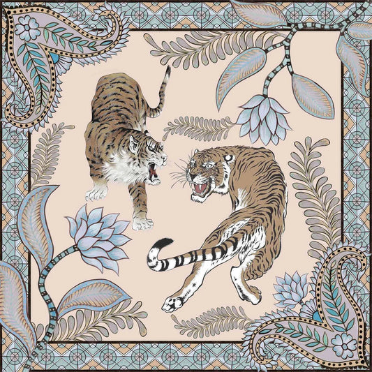 Cream Blue Silk Tiger & Jungle Kaftan by Simone Bruns - Peggell Mallorca SL
