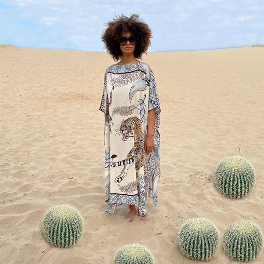 Cream Blue Silk Tiger & Jungle Kaftan by Simone Bruns - Peggell Mallorca SL