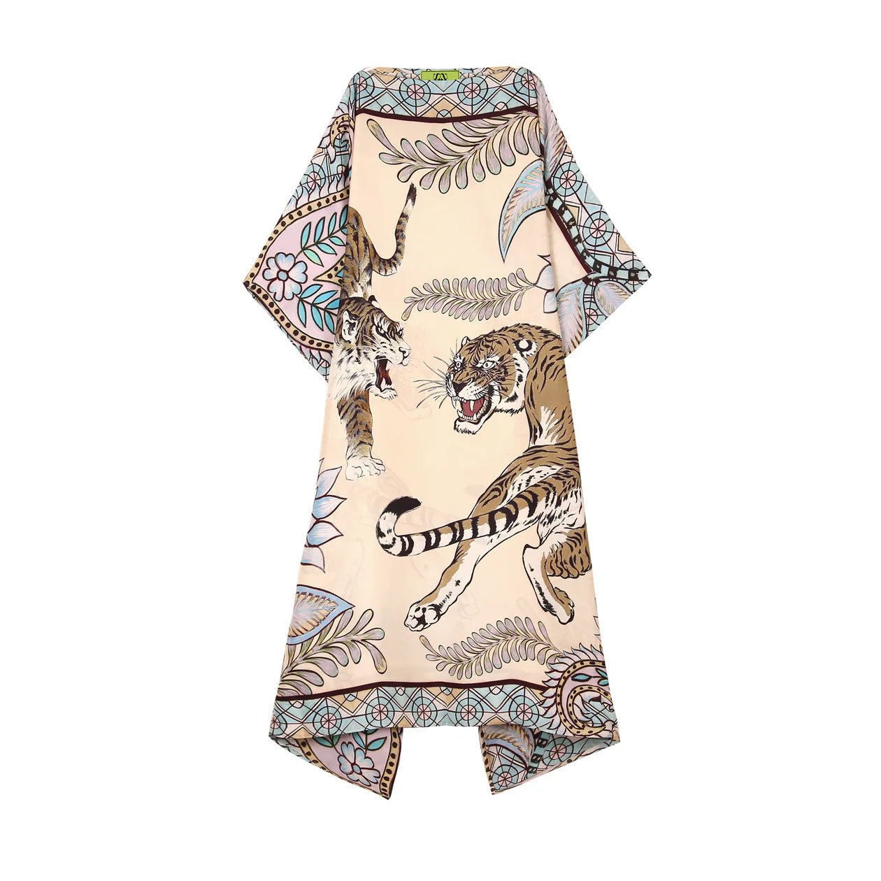 Cream Blue Silk Tiger & Jungle Kaftan by Simone Bruns - Peggell Mallorca SL