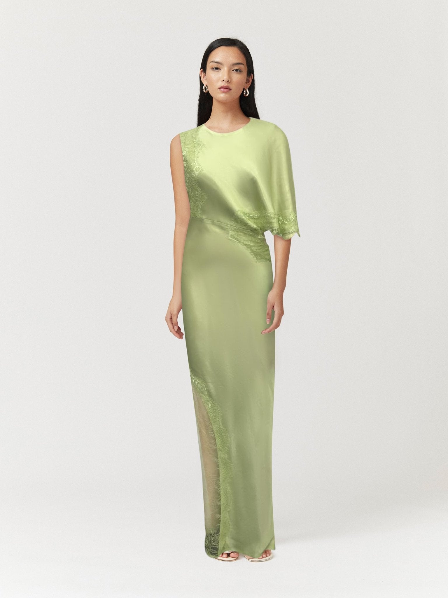 Nicky Asymmetric Sleeve Maxi Dress - Celery Green - Peggell
