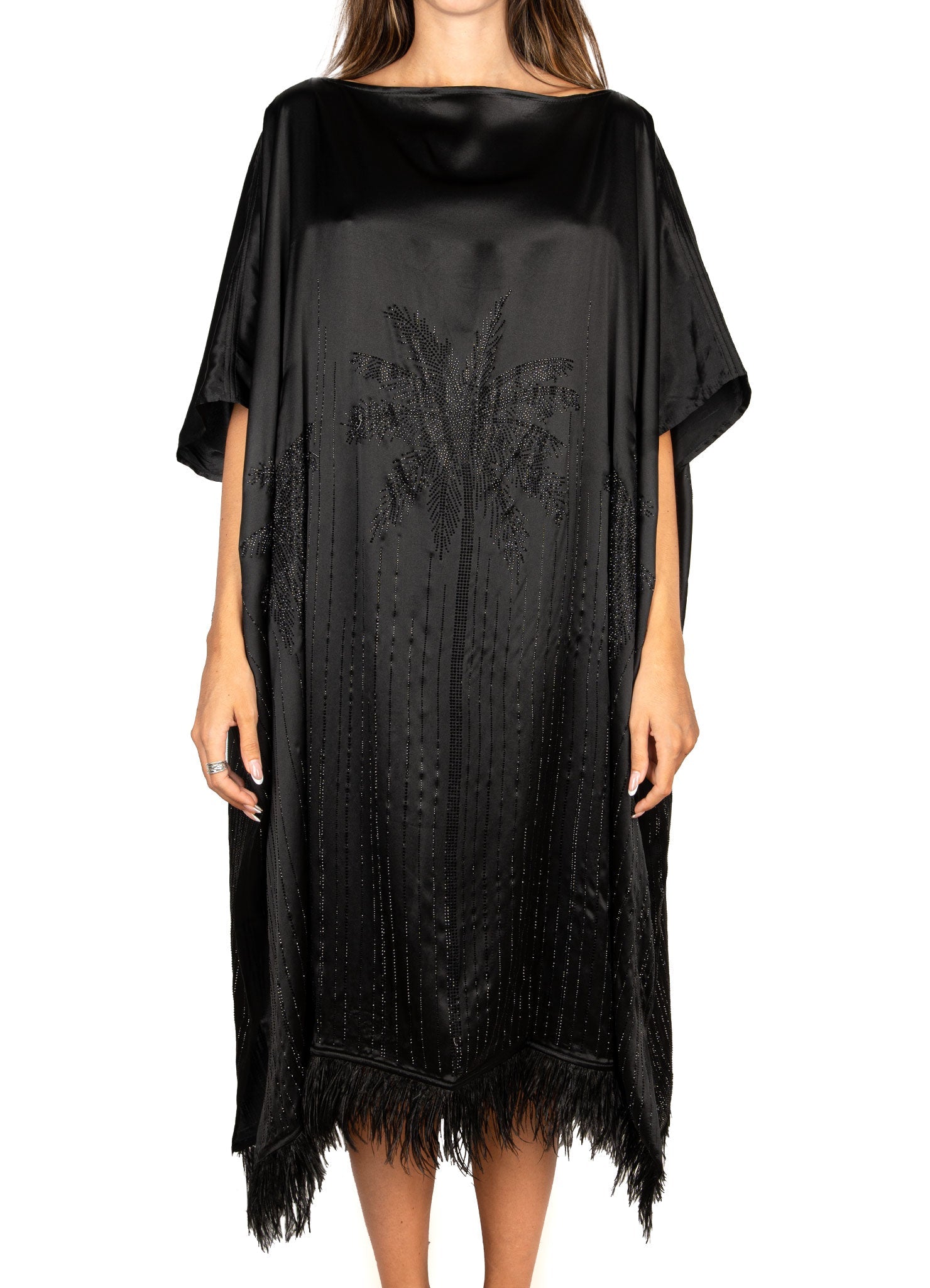 Palmtrees Feather Mulberry Silk Kaftan in Black - Peggell