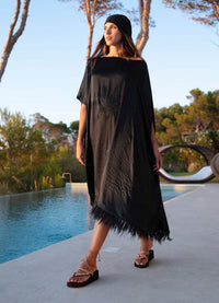 Palmtrees Feather Mulberry Silk Kaftan in Black - Peggell