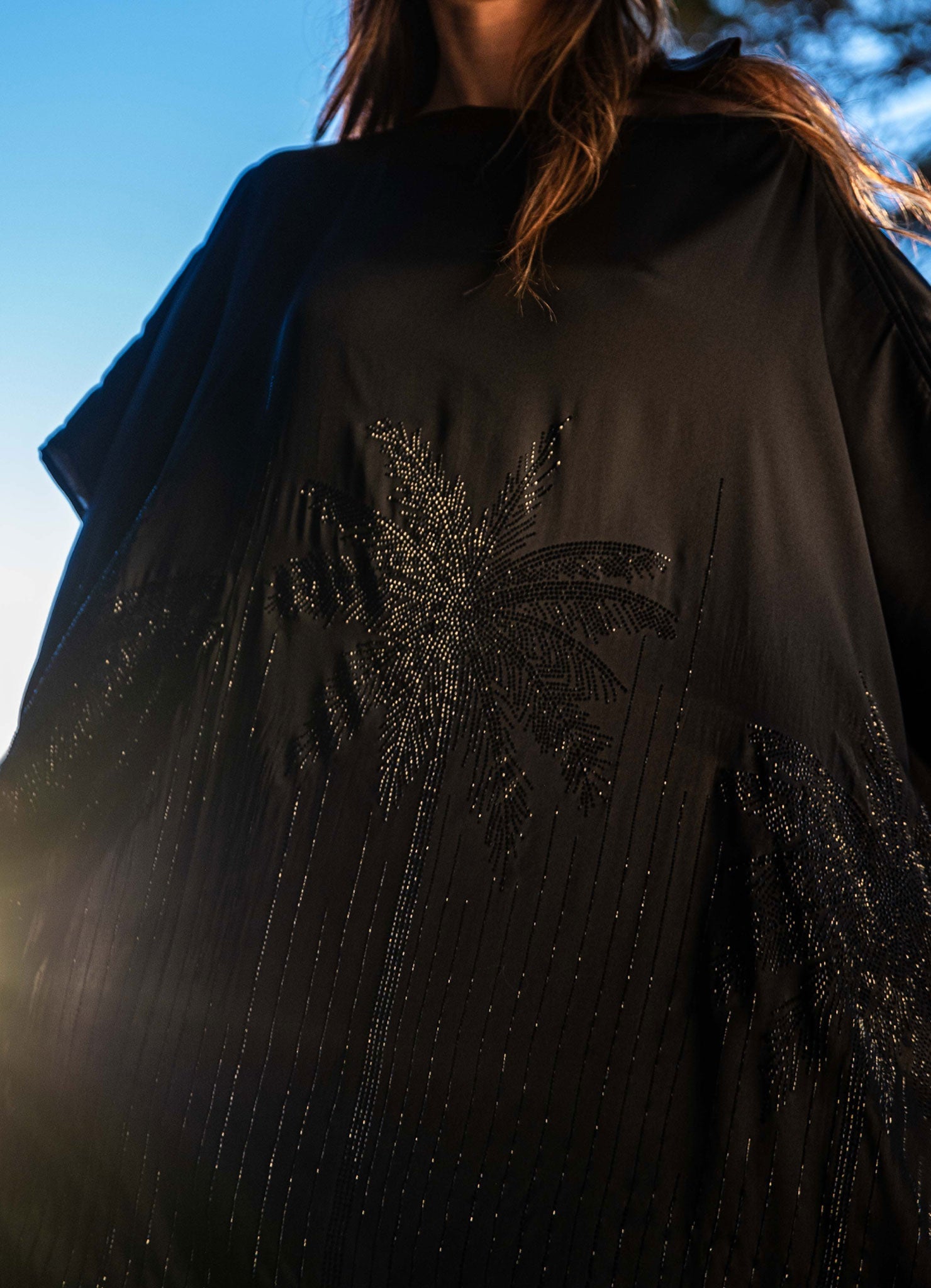 Palmtrees Feather Mulberry Silk Kaftan in Black - Peggell