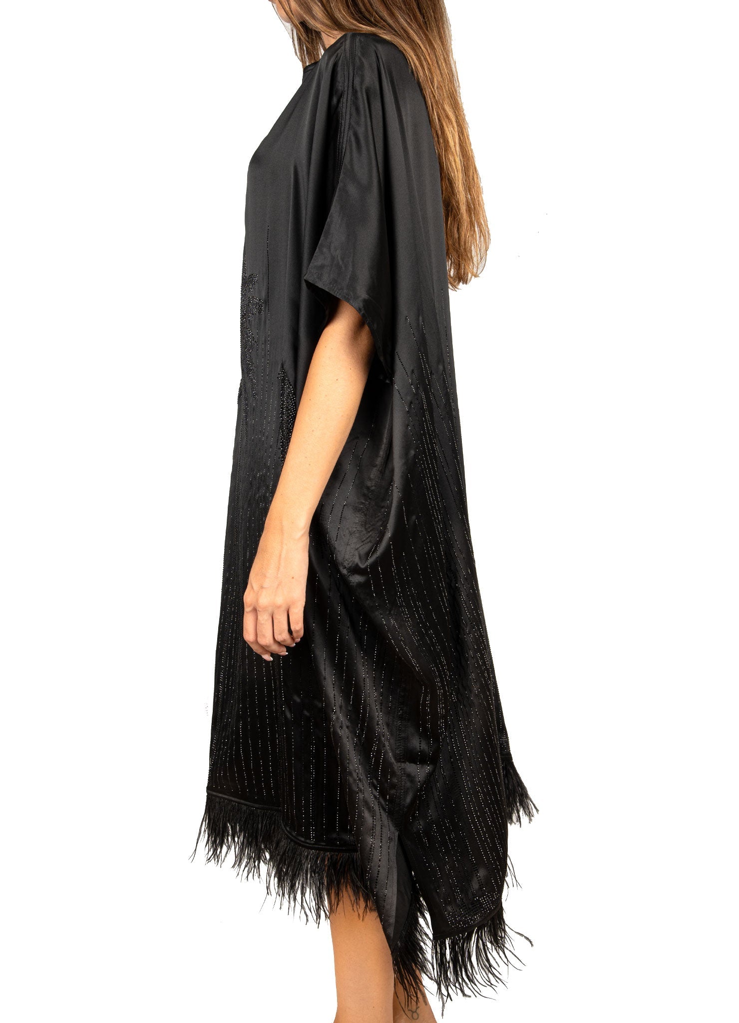 Palmtrees Feather Mulberry Silk Kaftan in Black - Peggell