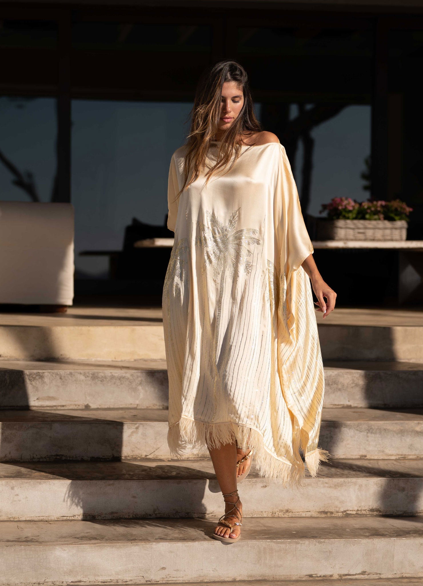 Palmtrees Feather Mulberry Silk Kaftan in Champagne - Peggell