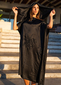 Palmtrees Mulberry Silk Kaftan Black - Peggell