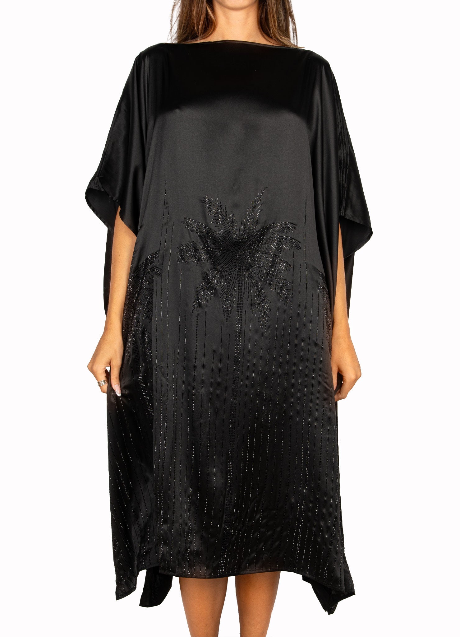 Palmtrees Mulberry Silk Kaftan Black - Peggell