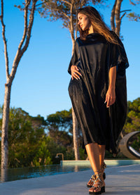 Palmtrees Mulberry Silk Kaftan Black - Peggell