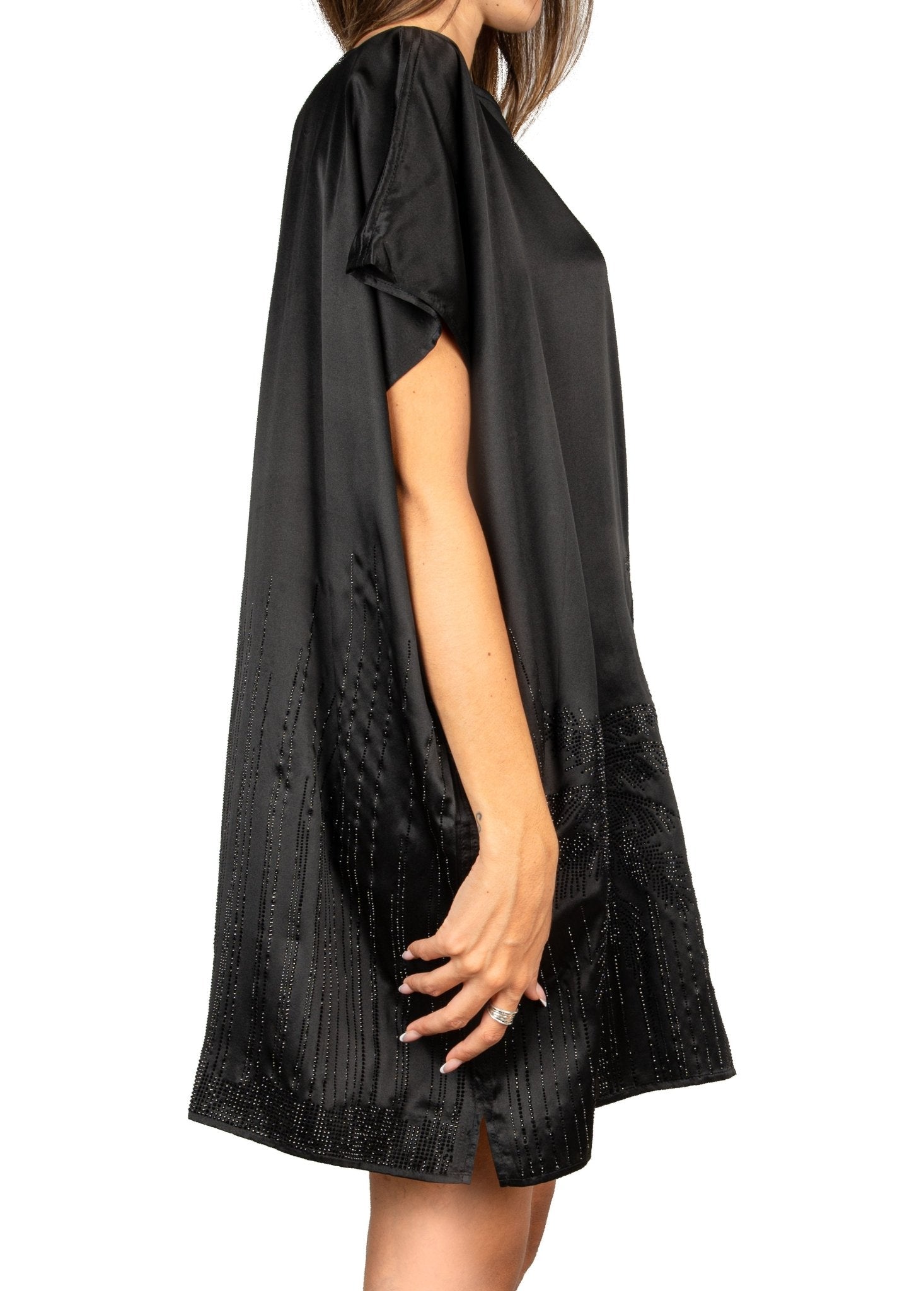 Palmtrees Short Mulberry Silk Kaftan in Black - Peggell