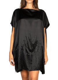 Palmtrees Short Mulberry Silk Kaftan in Black - Peggell