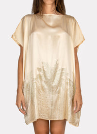 Palmtrees Short Mulberry Silk Kaftan in Champagne - Peggell