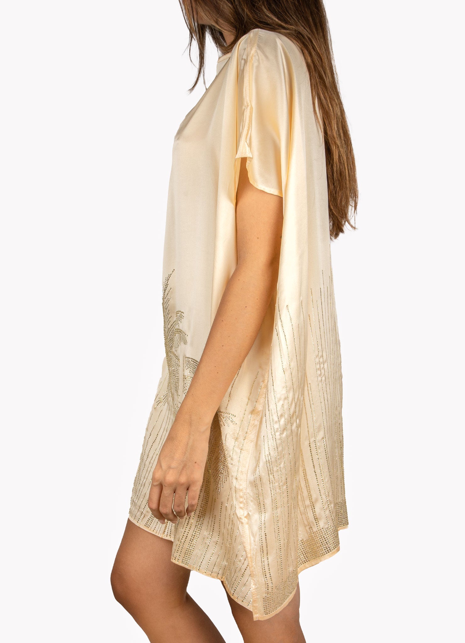 Palmtrees Short Mulberry Silk Kaftan in Champagne - Peggell