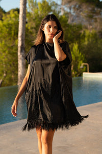 Palmtrees Short Mulberry Silk Kaftan with Feathers in Black - Peggell