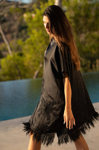 Palmtrees Short Mulberry Silk Kaftan with Feathers in Black - Peggell