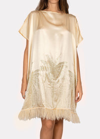 Palmtrees Short Mulberry Silk Kaftan with Feathers in Champagne - Peggell