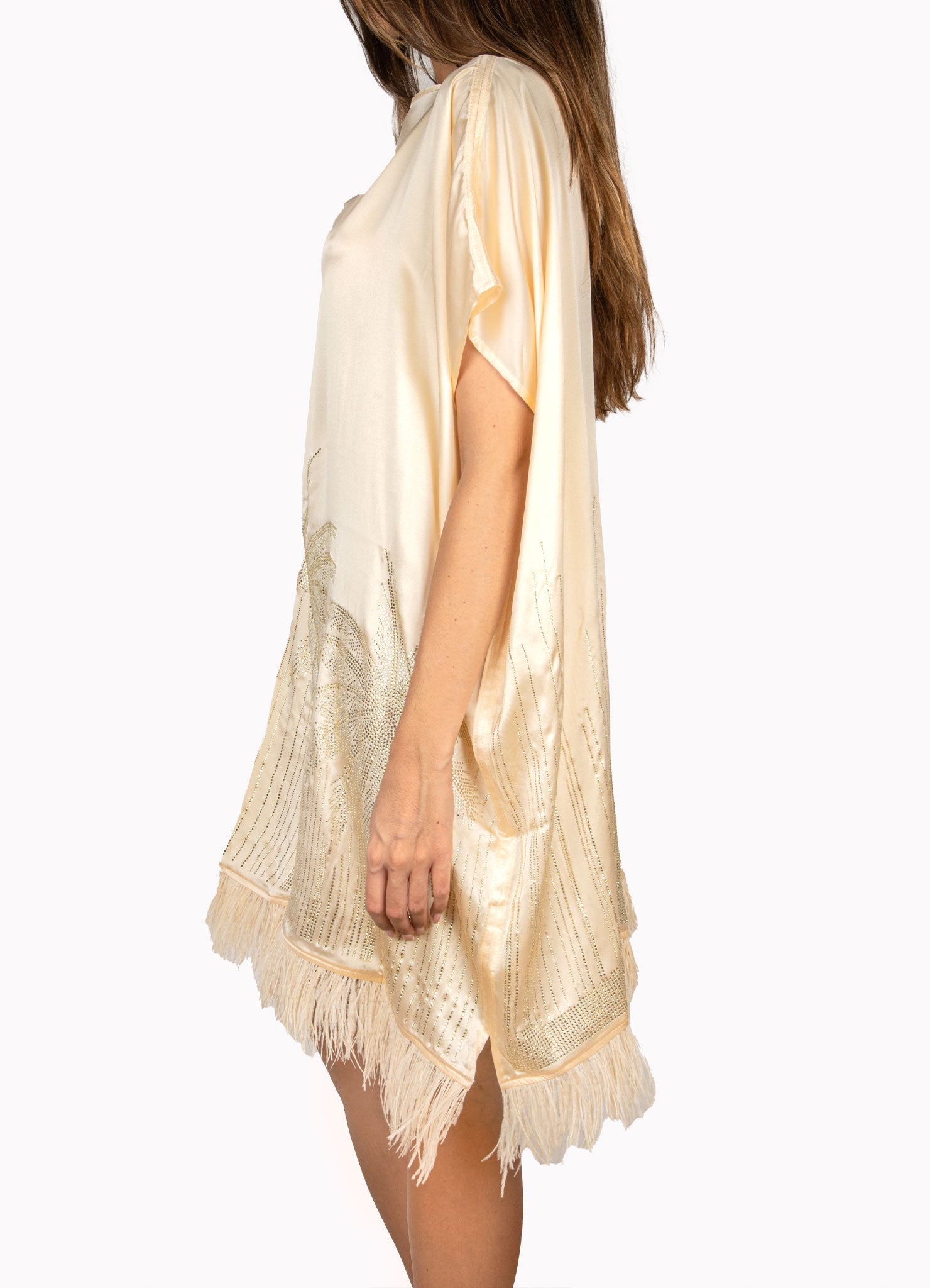 Palmtrees Short Mulberry Silk Kaftan with Feathers in Champagne - Peggell