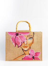 Pink Flower Lady "Iman" Small Jute Bag by Mimimako - Peggell