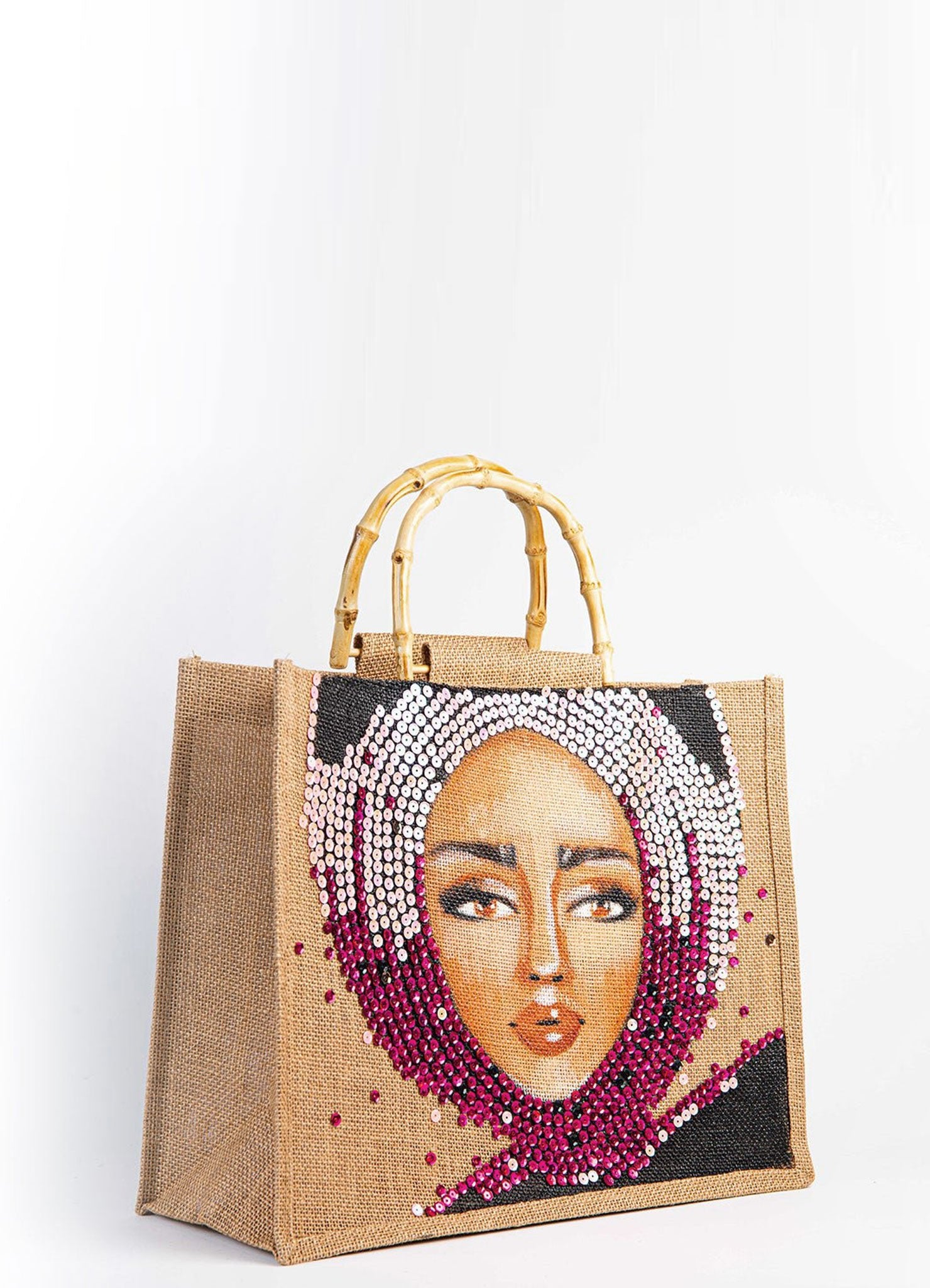 Pink Sequin "Iman" Small Jute Bag by Mimimako - Peggell