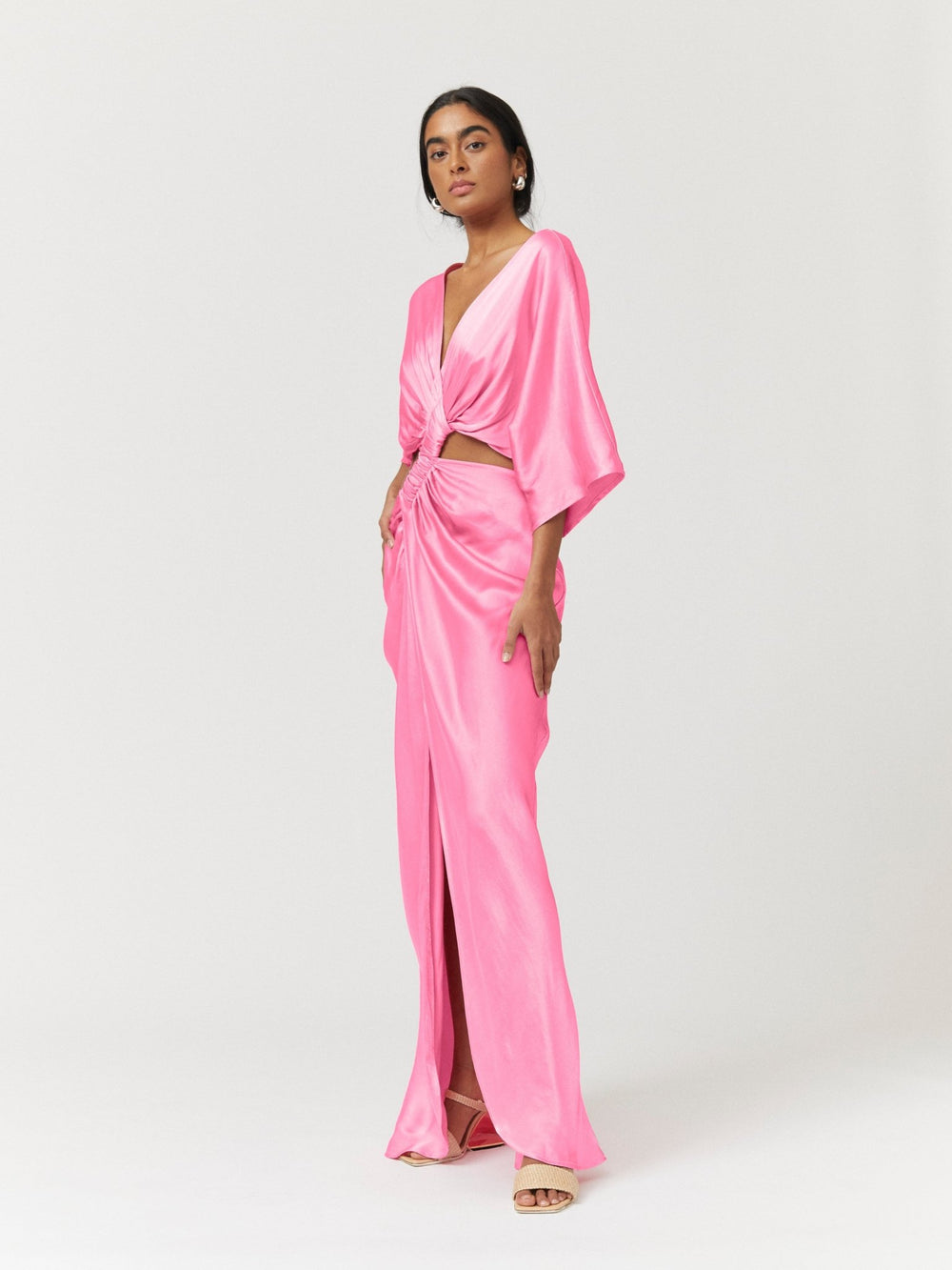 Tate Rouched Crossover Midi Dress - Pink - Peggell