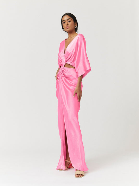 Tate Rouched Crossover Midi Dress - Pink - Peggell