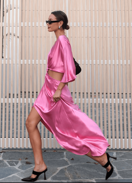 Tate Rouched Crossover Midi Dress Pink - Peggell Mallorca SL