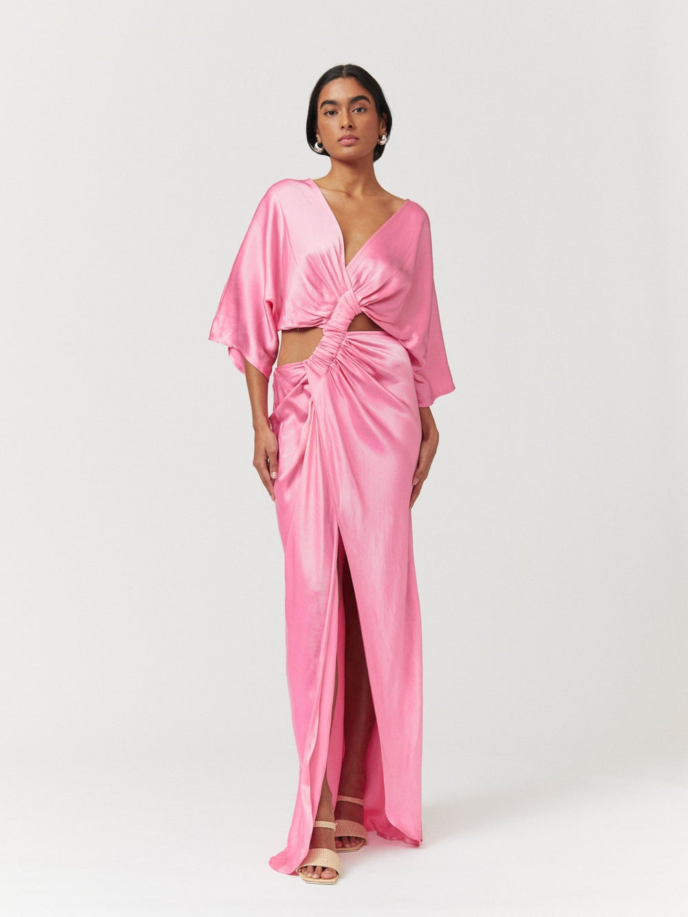 Tate Rouched Crossover Midi Dress - Pink - Peggell