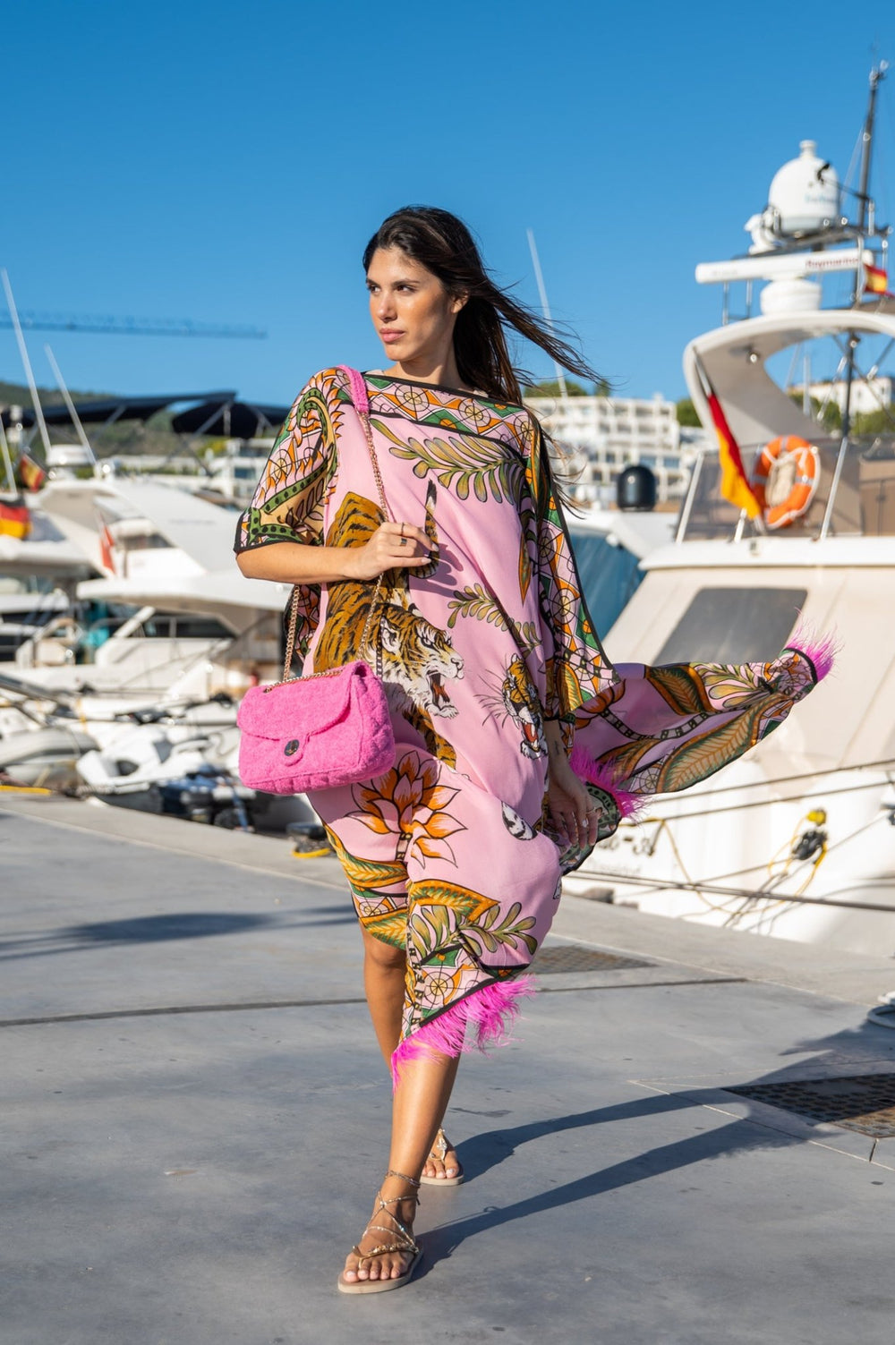 Pink tiger silk tunic with feathers - Peggell